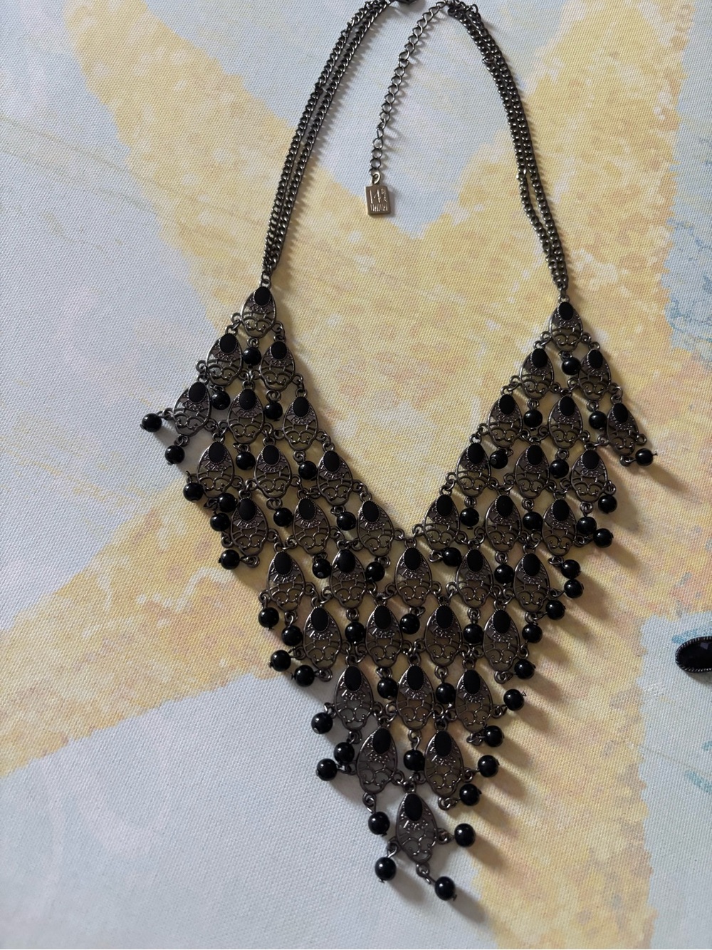 2 elegant Black beaded necklaces.V shape black chain and other ribbon neckline. - Picture 2 of 8